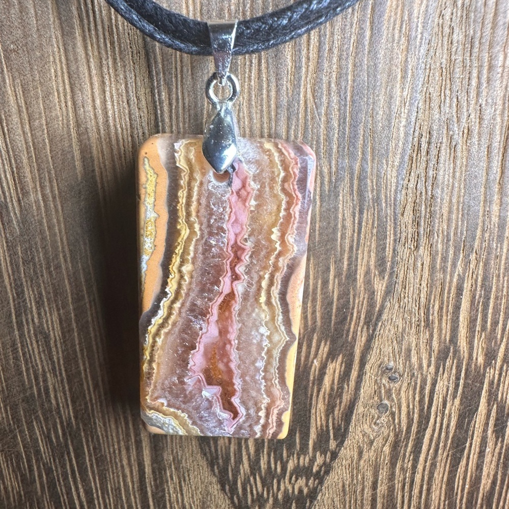 Crazy Lace Agate Rectangle Pendant Necklace on Black Rope - Picture 5 of 15